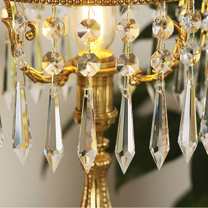 Contemporary Creative Antique Brass Carved Base Glass Crystal Shade 1-Light Table Lamp For Study