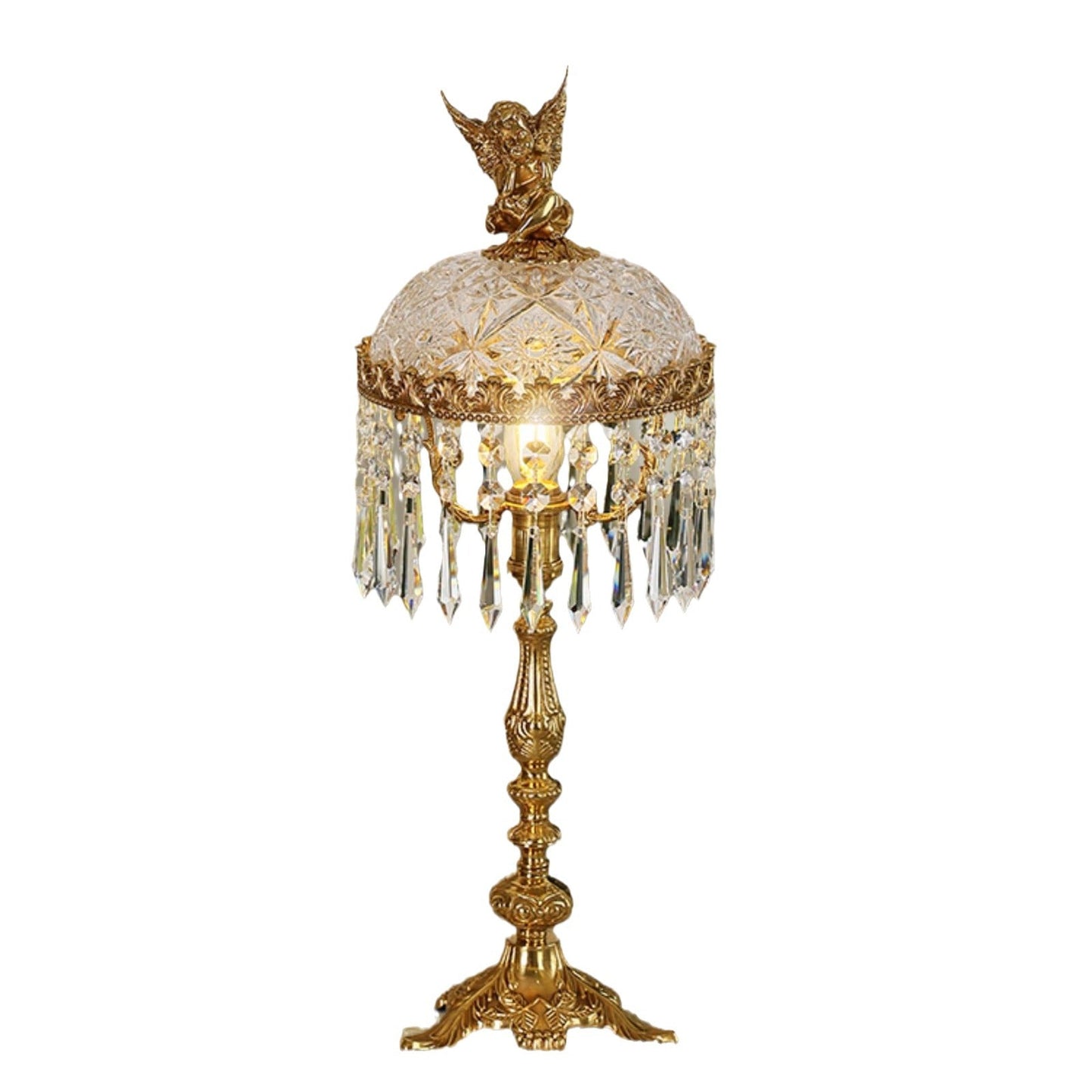 Contemporary Creative Antique Brass Carved Base Glass Crystal Shade 1-Light Table Lamp For Study