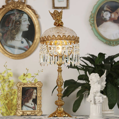 Contemporary Creative Antique Brass Carved Base Glass Crystal Shade 1-Light Table Lamp For Study