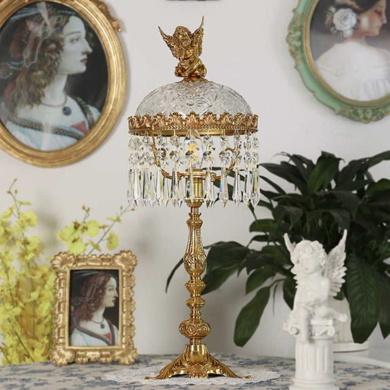 Contemporary Creative Antique Brass Carved Base Glass Crystal Shade 1-Light Table Lamp For Study