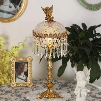Contemporary Creative Antique Brass Carved Base Glass Crystal Shade 1-Light Table Lamp For Study