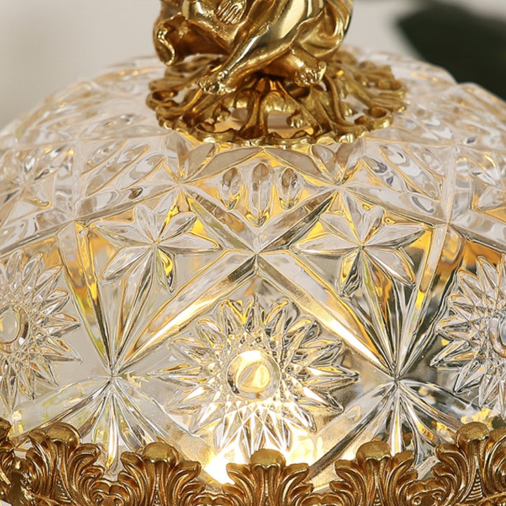 Contemporary Creative Antique Brass Carved Base Glass Crystal Shade 1-Light Table Lamp For Study