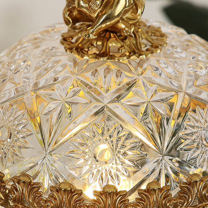 Contemporary Creative Antique Brass Carved Base Glass Crystal Shade 1-Light Table Lamp For Study