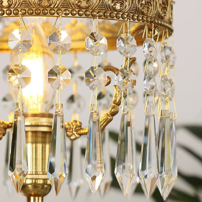 Contemporary Creative Antique Brass Carved Base Glass Crystal Shade 1-Light Table Lamp For Study