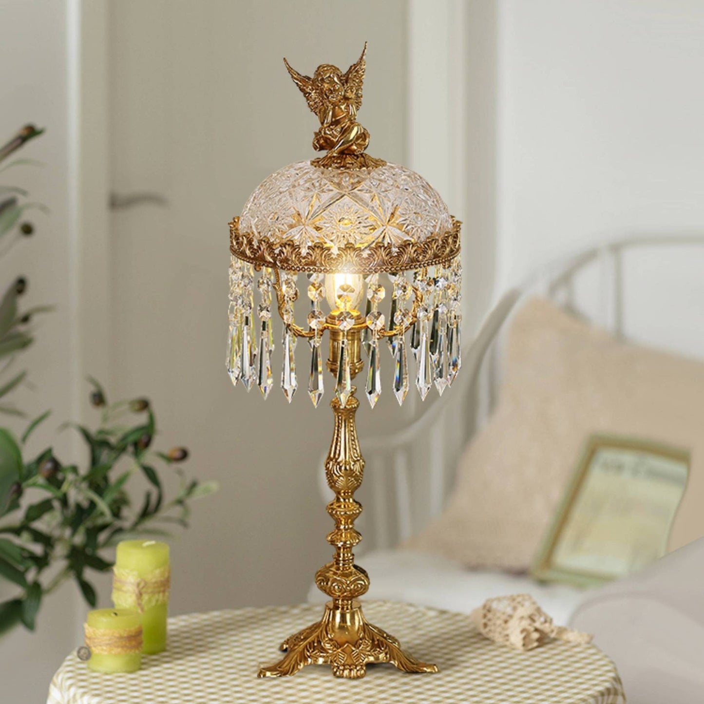 Contemporary Creative Antique Brass Carved Base Glass Crystal Shade 1-Light Table Lamp For Study