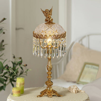 Contemporary Creative Antique Brass Carved Base Glass Crystal Shade 1-Light Table Lamp For Study