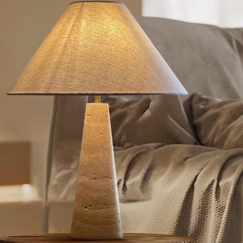 Traditional Japanese Fabric Conical Shade Yellow Travertine Base 1-Light Table Lamp For Study