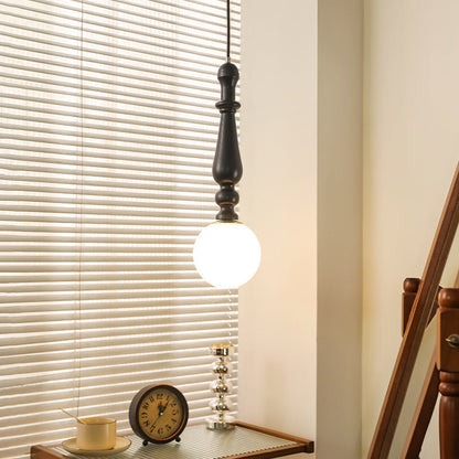 Traditional French Ash Wood Rod Glass Ball Shade 1-Light Pendant Light For Bedroom