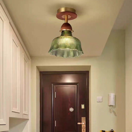 Traditional Vintage Solid Wood Vertical Grained Glass Round 1-Light Semi-Flush Mount Ceiling Light For Living Room