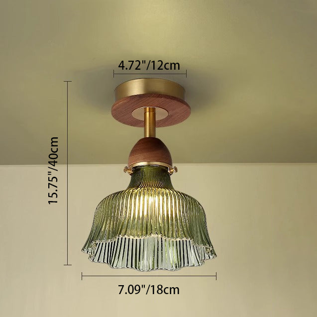 Traditional Vintage Solid Wood Vertical Grained Glass Round 1-Light Semi-Flush Mount Ceiling Light For Living Room