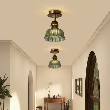 Traditional Vintage Solid Wood Vertical Grained Glass Round 1-Light Semi-Flush Mount Ceiling Light For Living Room