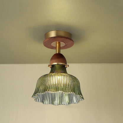 Traditional Vintage Solid Wood Vertical Grained Glass Round 1-Light Semi-Flush Mount Ceiling Light For Living Room