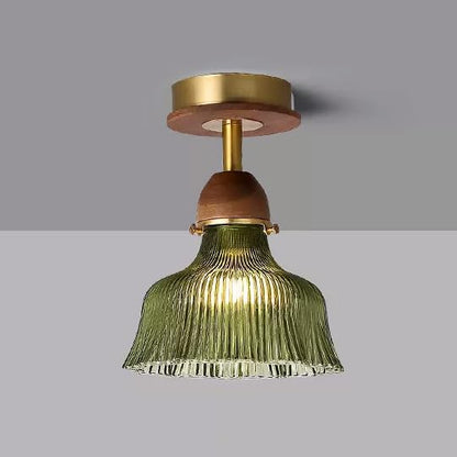 Traditional Vintage Solid Wood Vertical Grained Glass Round 1-Light Semi-Flush Mount Ceiling Light For Living Room