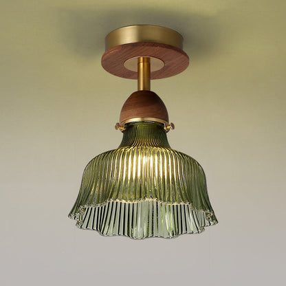 Traditional Vintage Solid Wood Vertical Grained Glass Round 1-Light Semi-Flush Mount Ceiling Light For Living Room