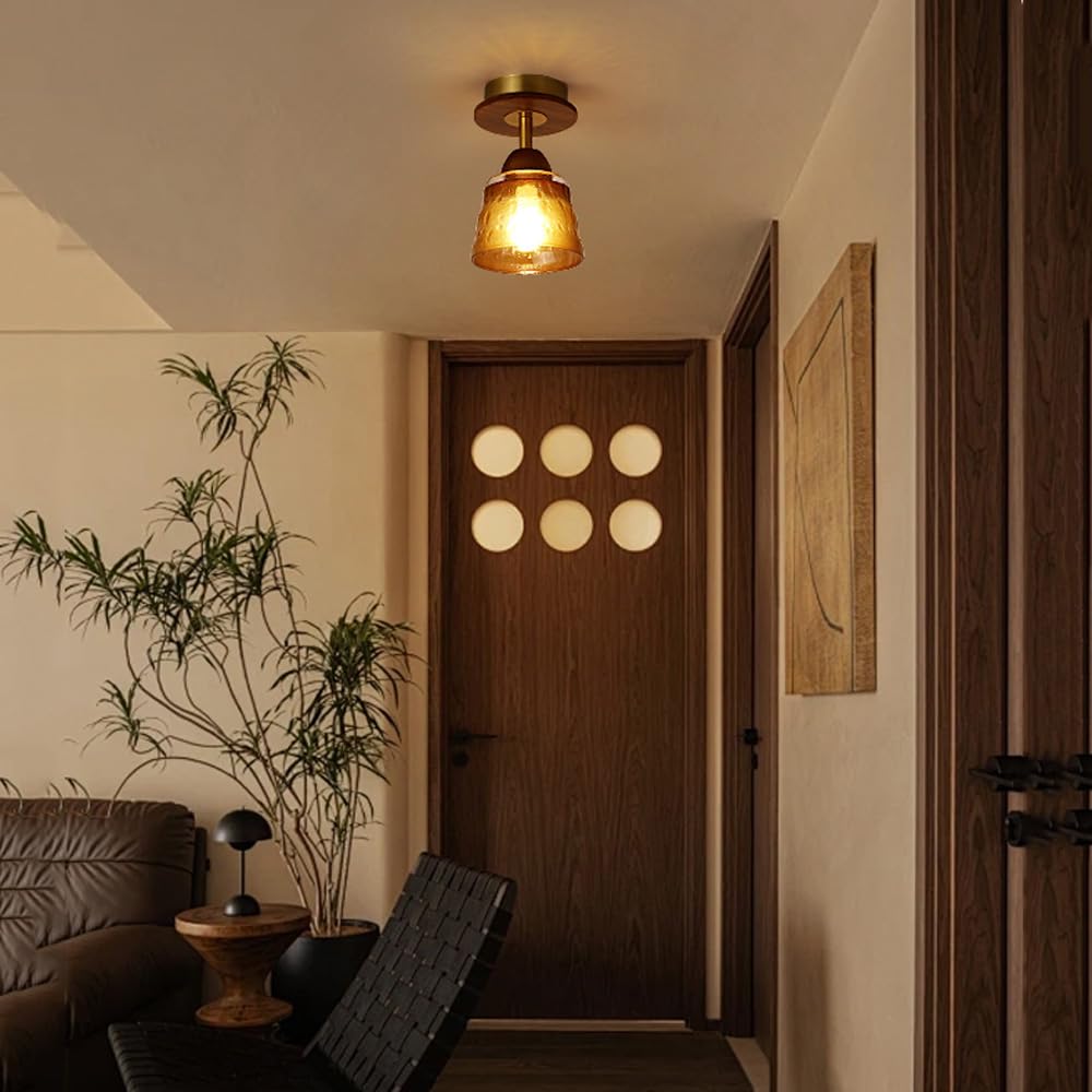 Contemporary Retro Glass Cup Shade Solid Wood 1-Light Semi-Flush Mount Ceiling Light For Living Room