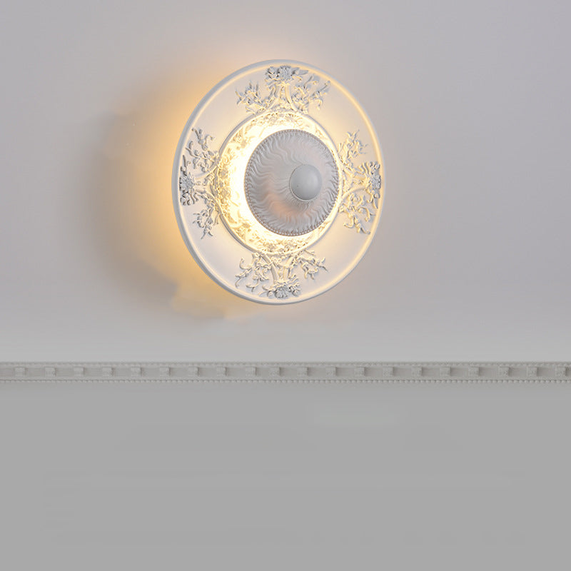 Traditional Vintage Stainless Steel Resin Carved Disc LED Wall Sconce Lamp For Living Room