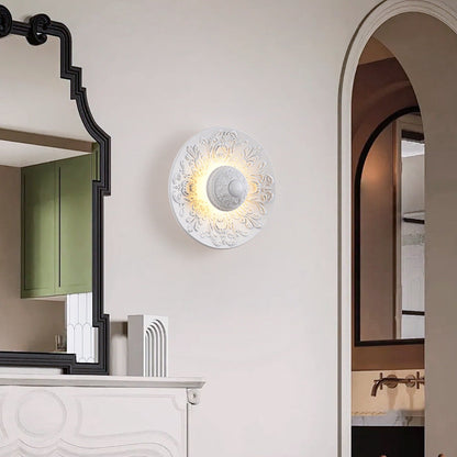 Traditional Vintage Stainless Steel Resin Carved Disc LED Wall Sconce Lamp For Living Room