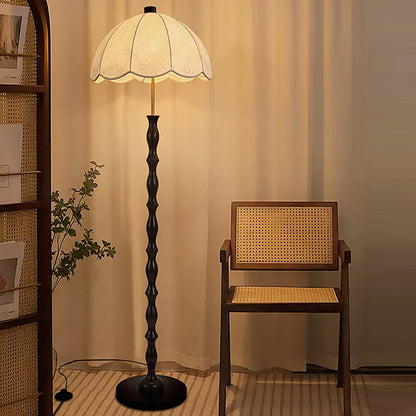 Contemporary Retro Fabric Round Shade Iron Wood 1-Light Standing Floor Lamp For Living Room