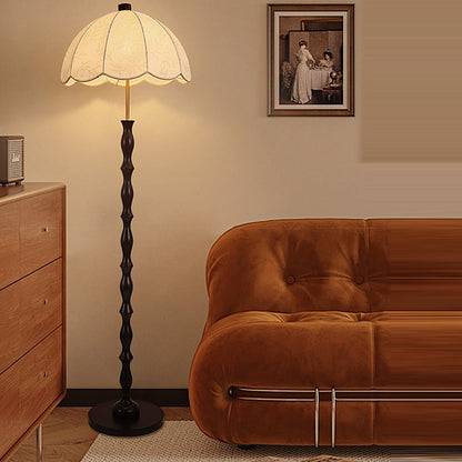 Contemporary Retro Fabric Round Shade Iron Wood 1-Light Standing Floor Lamp For Living Room