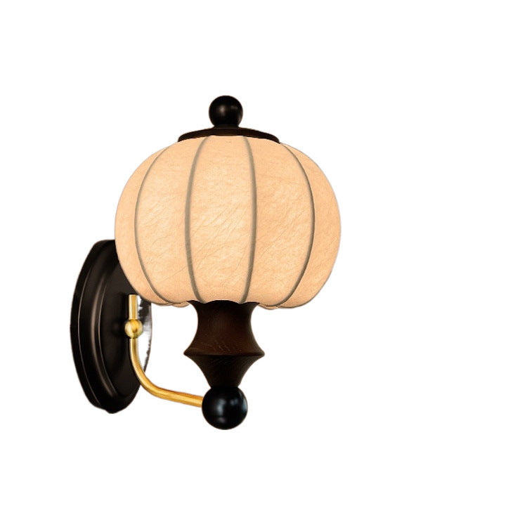 Contemporary Retro Silk Round Shade Solid Wood Iron LED Wall Sconce Lamp For Dining Room