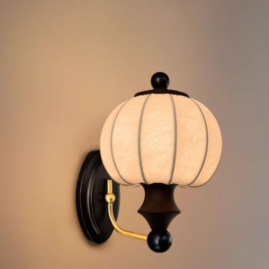 Contemporary Retro Silk Round Shade Solid Wood Iron LED Wall Sconce Lamp For Dining Room