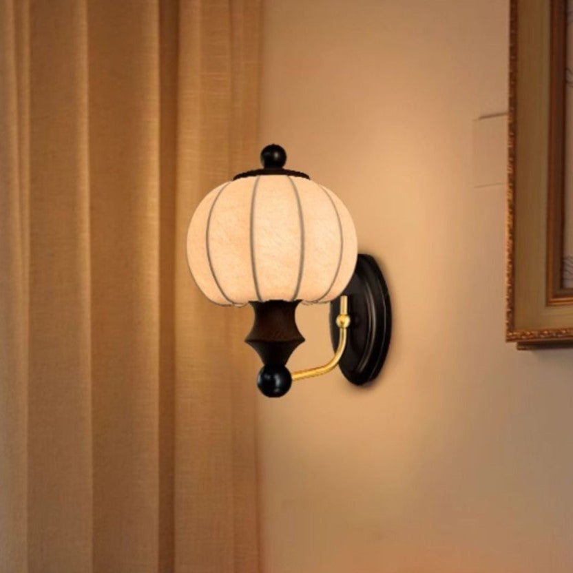 Contemporary Retro Silk Round Shade Solid Wood Iron LED Wall Sconce Lamp For Dining Room