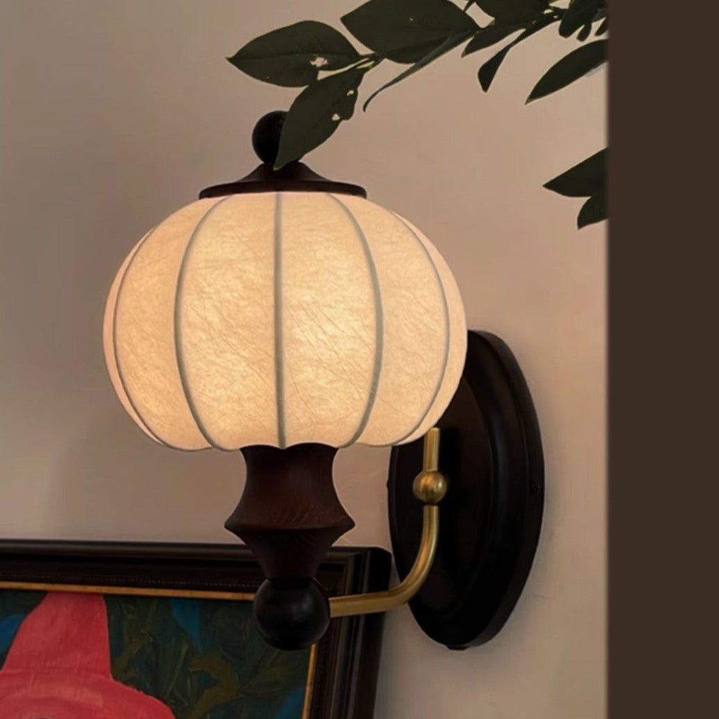 Contemporary Retro Silk Round Shade Solid Wood Iron LED Wall Sconce Lamp For Dining Room
