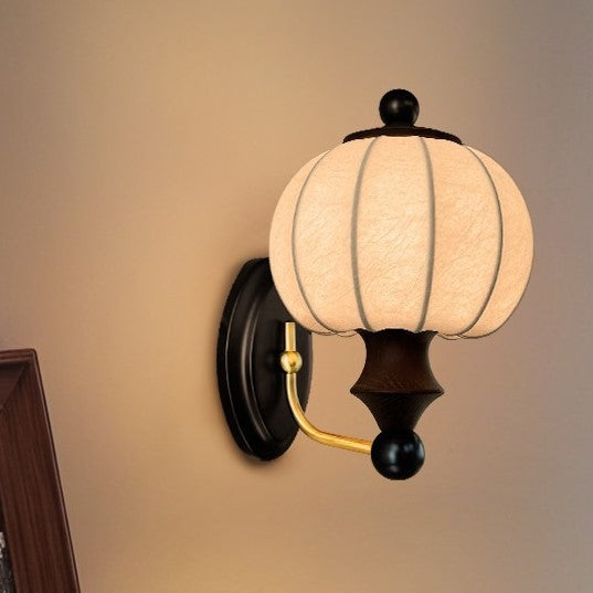 Contemporary Retro Silk Round Shade Solid Wood Iron LED Wall Sconce Lamp For Dining Room