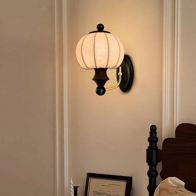 Contemporary Retro Silk Round Shade Solid Wood Iron LED Wall Sconce Lamp For Dining Room