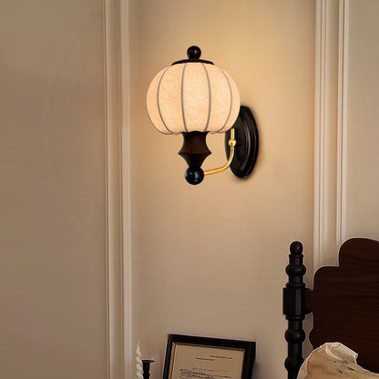 Contemporary Retro Silk Round Shade Solid Wood Iron LED Wall Sconce Lamp For Dining Room