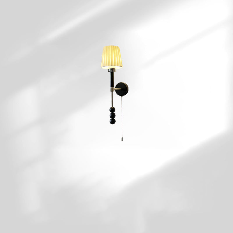 Traditional French Pleated Fabric Shade Iron Wood 1-Light Wall Sconce Lamp For Dining Room