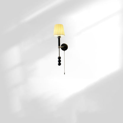 Traditional French Pleated Fabric Shade Iron Wood 1-Light Wall Sconce Lamp For Dining Room