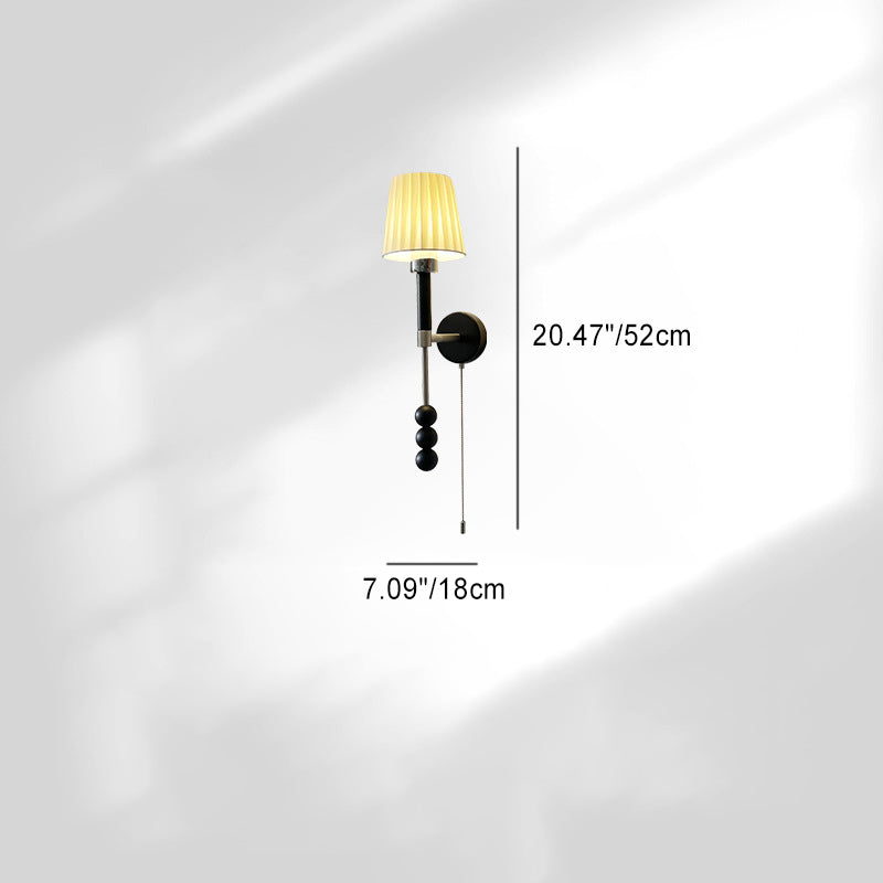 Traditional French Pleated Fabric Shade Iron Wood 1-Light Wall Sconce Lamp For Dining Room