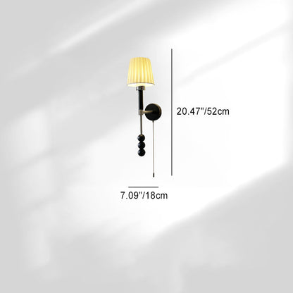 Traditional French Pleated Fabric Shade Iron Wood 1-Light Wall Sconce Lamp For Dining Room