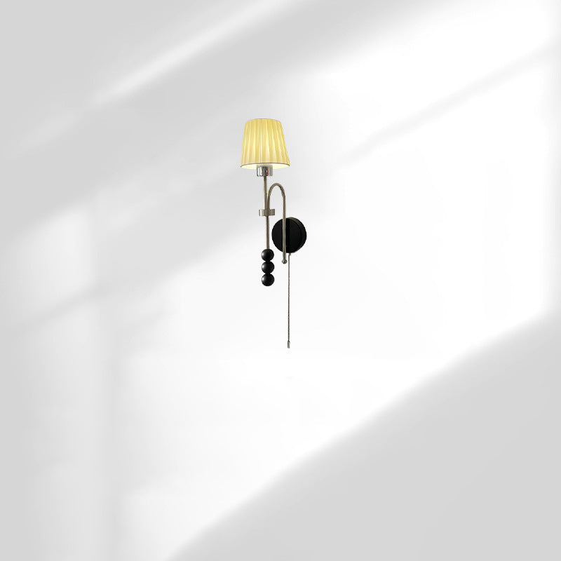 Traditional French Pleated Fabric Shade Iron Wood 1-Light Wall Sconce Lamp For Dining Room