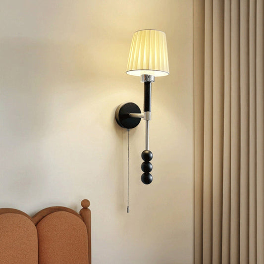 Traditional French Pleated Fabric Shade Iron Wood 1-Light Wall Sconce Lamp For Dining Room