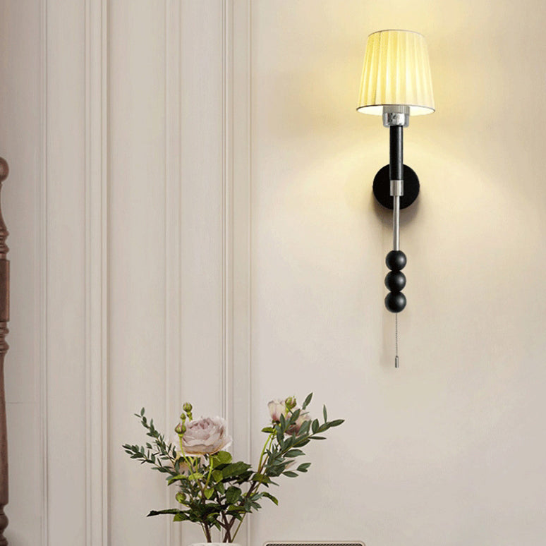 Traditional French Pleated Fabric Shade Iron Wood 1-Light Wall Sconce Lamp For Dining Room