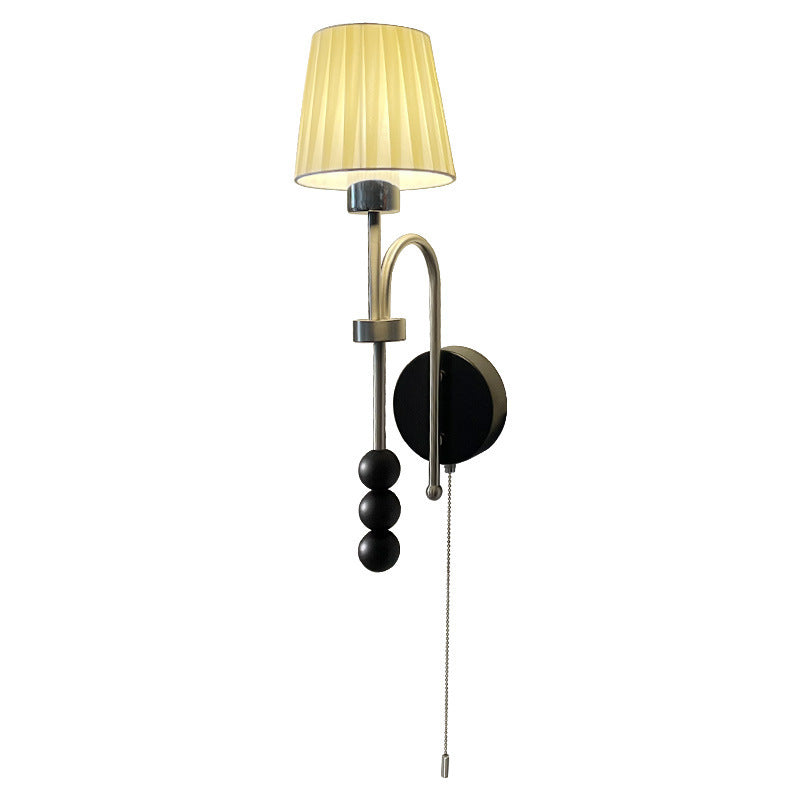 Traditional French Pleated Fabric Shade Iron Wood 1-Light Wall Sconce Lamp For Dining Room