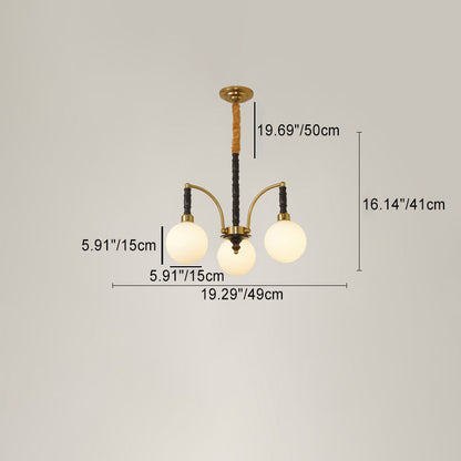 Modern Mid-Century Iron Ash Wood Frame Glass Ball Shade 3/5-Light Chandelier For Living Room