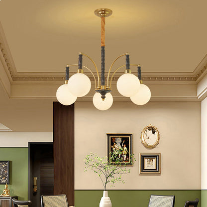 Modern Mid-Century Iron Ash Wood Frame Glass Ball Shade 3/5-Light Chandelier For Living Room