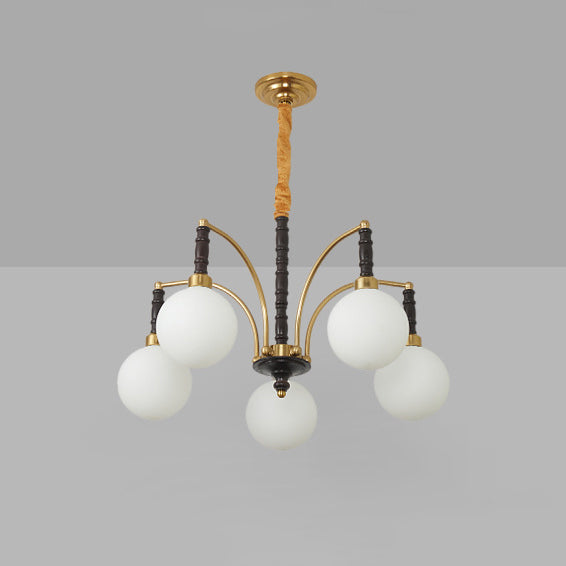 Modern Mid-Century Iron Ash Wood Frame Glass Ball Shade 3/5-Light Chandelier For Living Room
