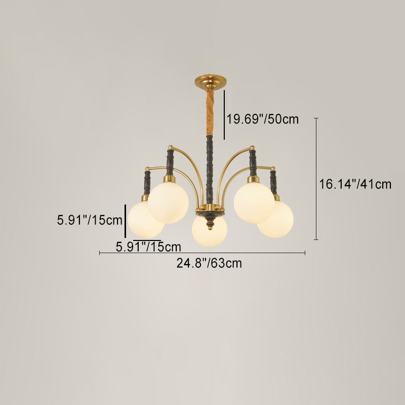 Modern Mid-Century Iron Ash Wood Frame Glass Ball Shade 3/5-Light Chandelier For Living Room