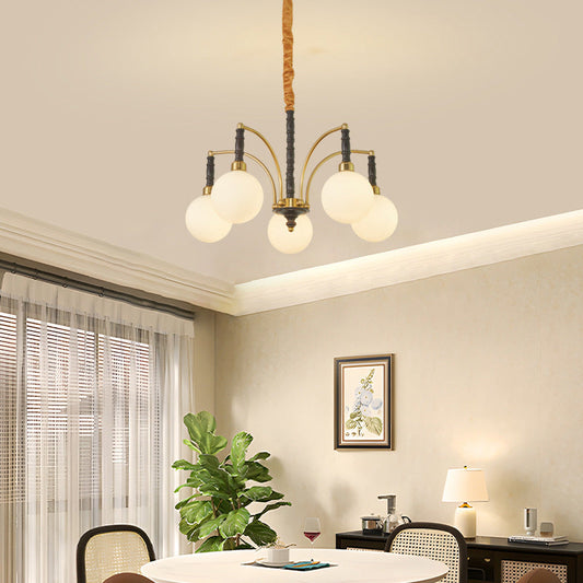 Modern Mid-Century Iron Ash Wood Frame Glass Ball Shade 3/5-Light Chandelier For Living Room