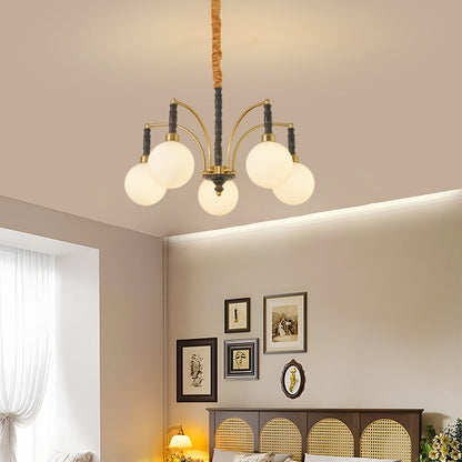 Modern Mid-Century Iron Ash Wood Frame Glass Ball Shade 3/5-Light Chandelier For Living Room