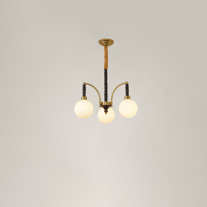Modern Mid-Century Iron Ash Wood Frame Glass Ball Shade 3/5-Light Chandelier For Living Room