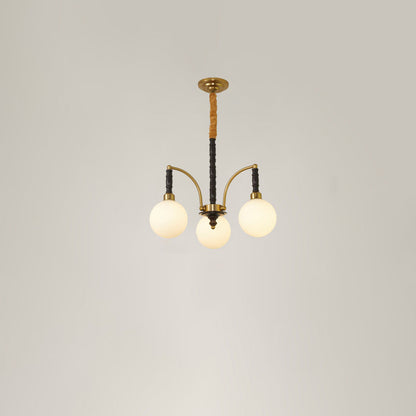 Modern Mid-Century Iron Ash Wood Frame Glass Ball Shade 3/5-Light Chandelier For Living Room