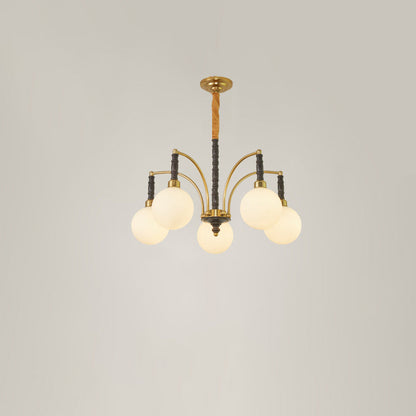 Modern Mid-Century Iron Ash Wood Frame Glass Ball Shade 3/5-Light Chandelier For Living Room