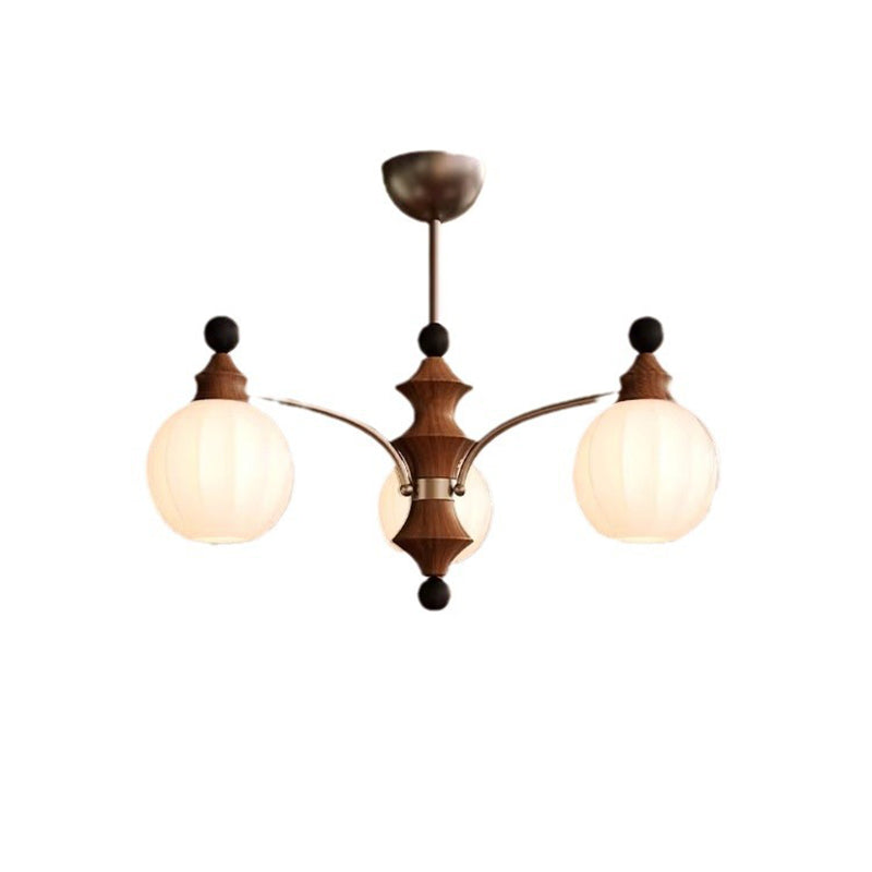 Traditional French Ash Wood Glass Round Shade 3/5-Light Chandelier For Living Room