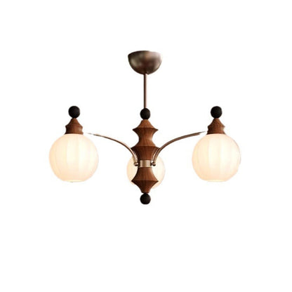 Traditional French Ash Wood Glass Round Shade 3/5-Light Chandelier For Living Room