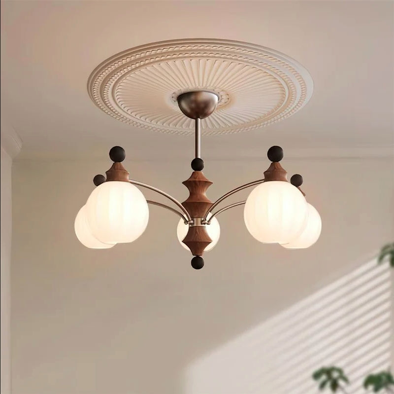 Traditional French Ash Wood Glass Round Shade 3/5-Light Chandelier For Living Room